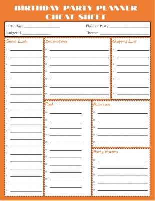 Planner Cheat Sheet - Birthday Party Orange